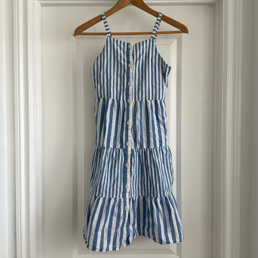 Crewcuts girls tiered button front dress in blue stripe